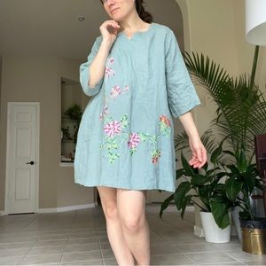 Brand new Light Blue Floral Embroidered Linen Tunic Dress, size M